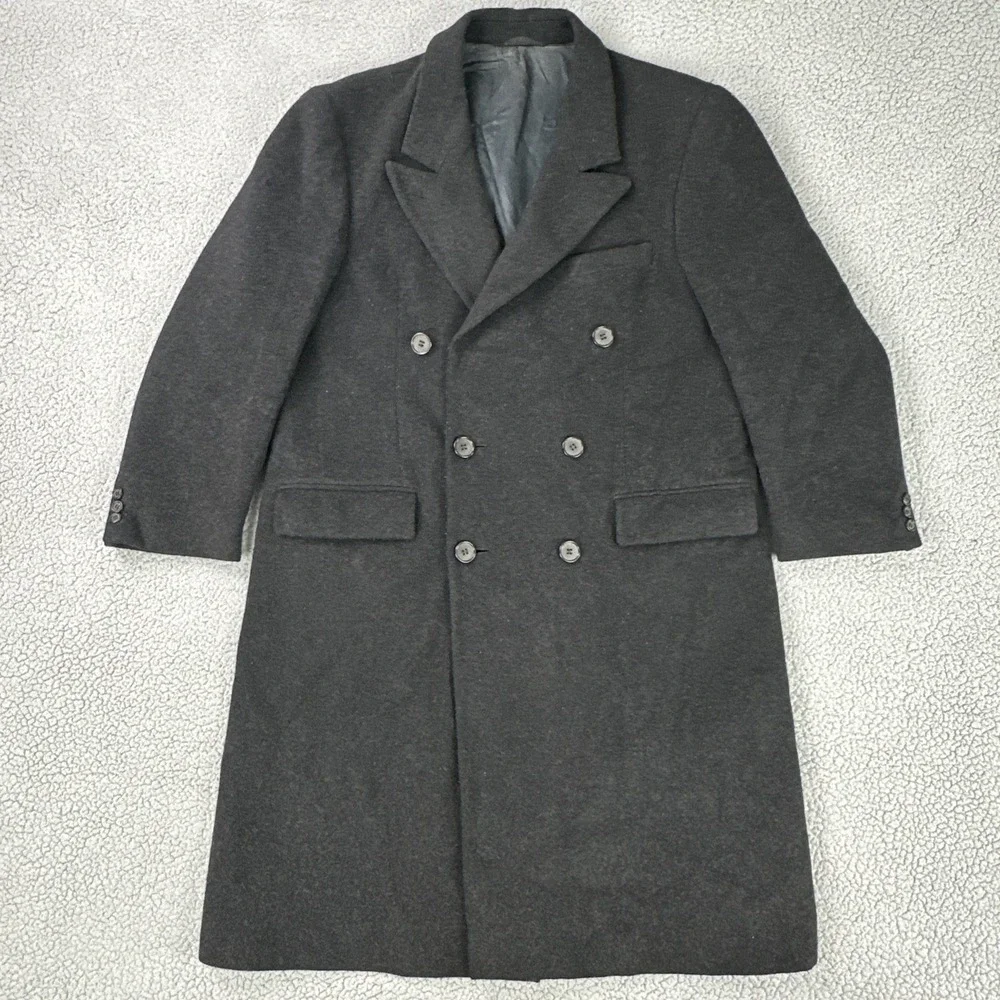 VTG Libins Wool Double Breasted Peak Lapel Overcoat Men 48 Black Lined Heavy